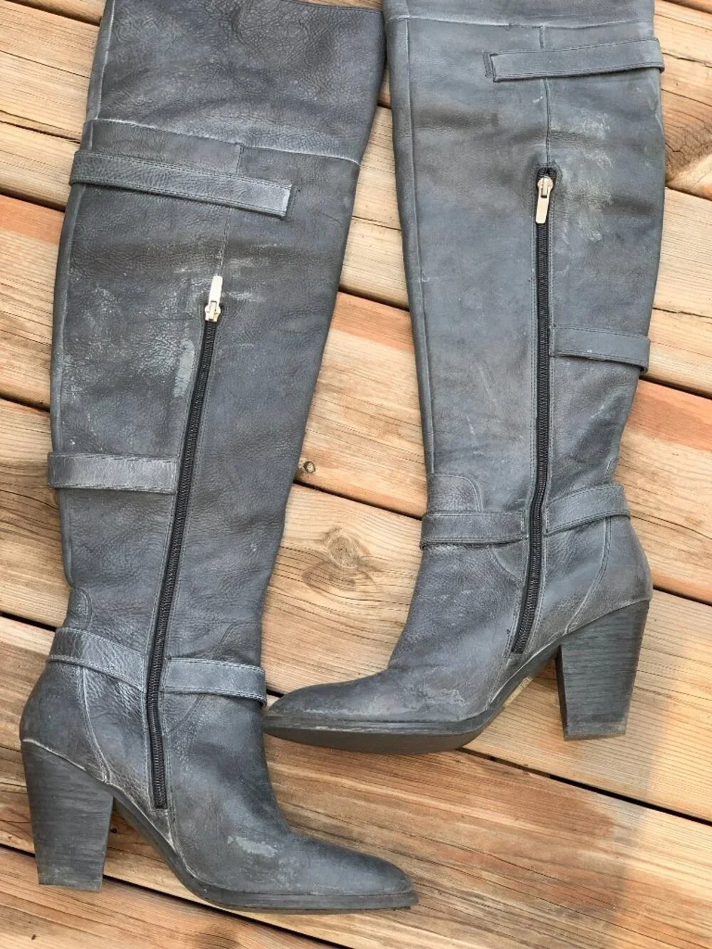 Enzo Angiolini Riding Boots 8.5 Gray Distressed Leather Over the Knee Harness